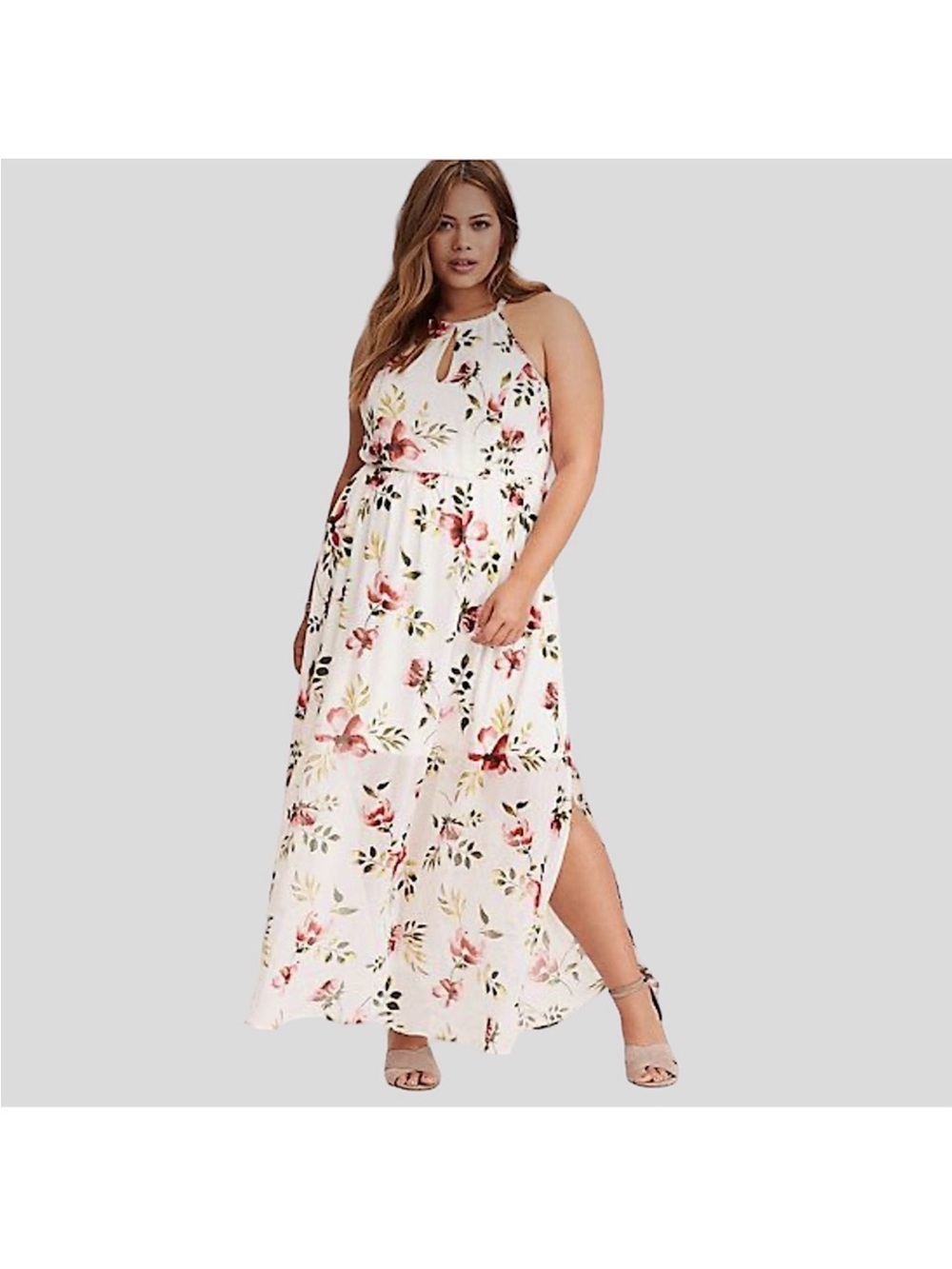 torrid White Floral Halter Maxi Dress with Pink Print